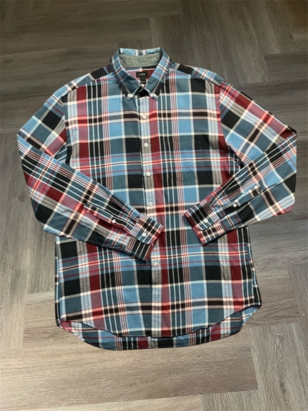 J.Crew Mens Plaid Button Down Long Sleeve Cotton Shirt Mens Large Blue Red Black